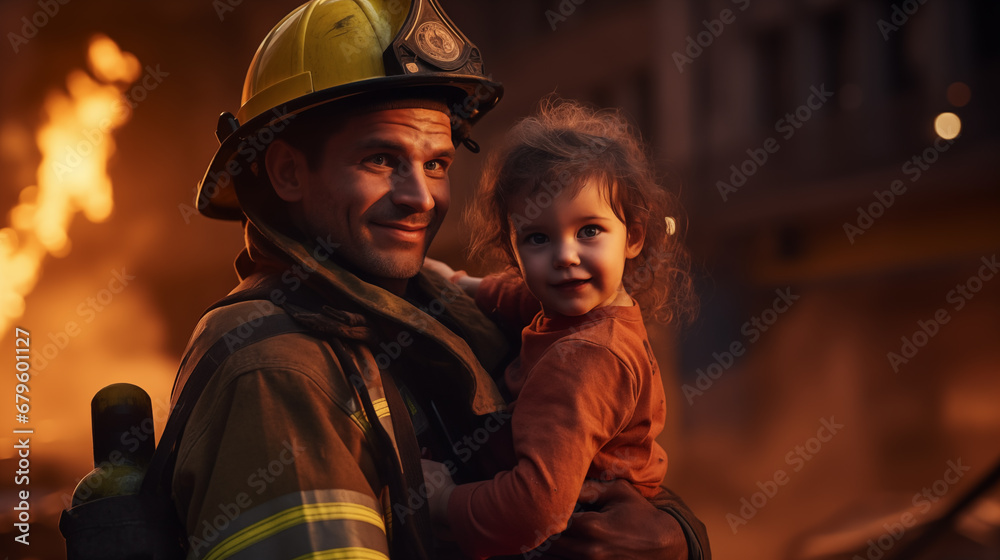 Firefighter carrying little child out of fire