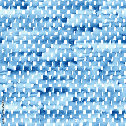 Seamless watercolor geometric pattern. Blue and white striped print. Grunge paper texture. Ornament for textiles, home decor, packaging. Vector illustration.