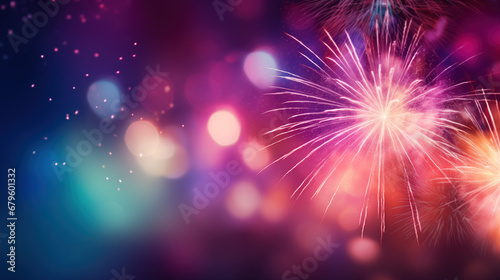 Abstract gold, Pink and purple glitter background with fireworks, Celebration and anniversary concept, copy space christmas eve, 4th of july holiday concept, generative ai © OP38Studio