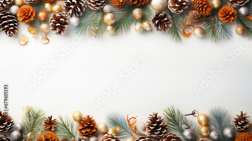 Christmas decoration Frame of twigs christmas tree brown natural pine cones and red berries on snow with space for text Top view flat lay Fir tree branches with cones border generative ai 