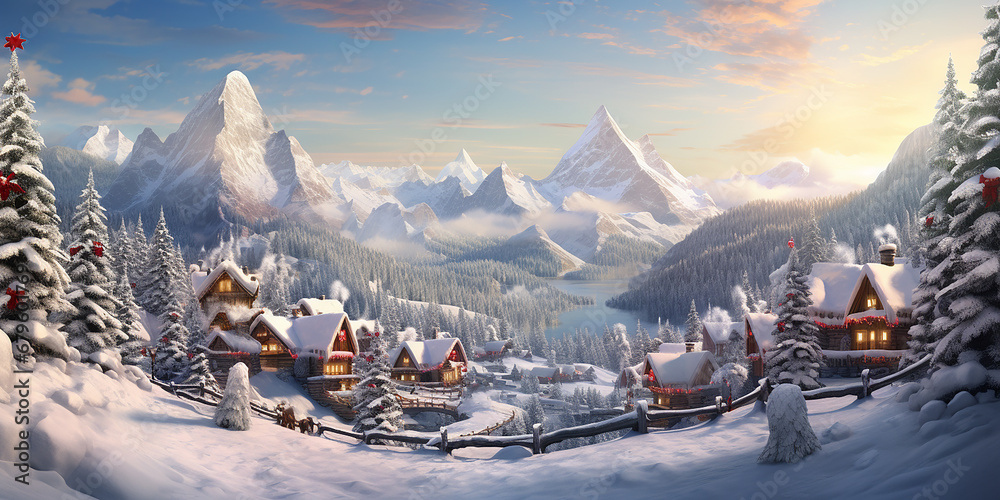 Santa's village hidden behind the mountains surrounded by Christmas trees and snow. Digital matte painting.