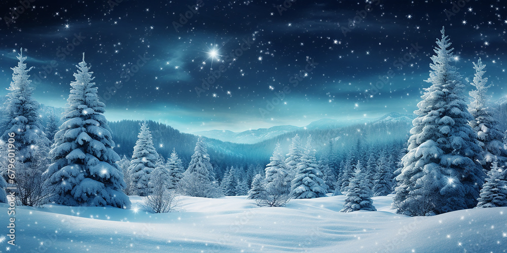 Winter landscape with snow and fir trees as vintage christmas wallpaper