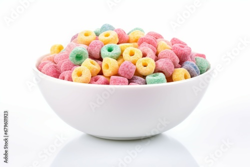 Multicolored cereals in a bowl on white background