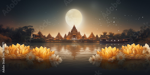 Radiant River Serenity: Holiday Banner Design Featuring a Full Moon's Reflection, Adorned with Kratong Flower Floats, Celebrating the Cultural Splendor of Thailand's Loy Krathong Festival. photo