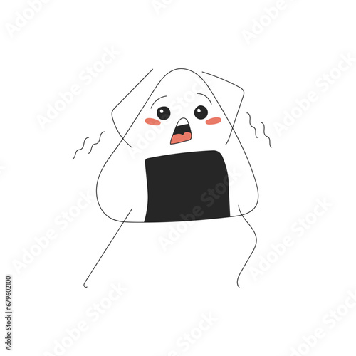 Sticker of a cute scared and shaking onigiri running on a white background