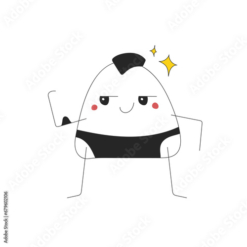 Sticker of a cute proud onigiri athlete showing his muscle on his arm on a white background