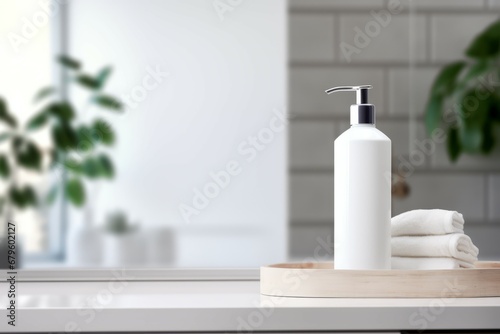 Product displayed on empty tabletop with blurred bathroom background