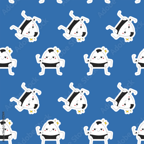 Seamless pattern of cute proud onigiri on a blue background