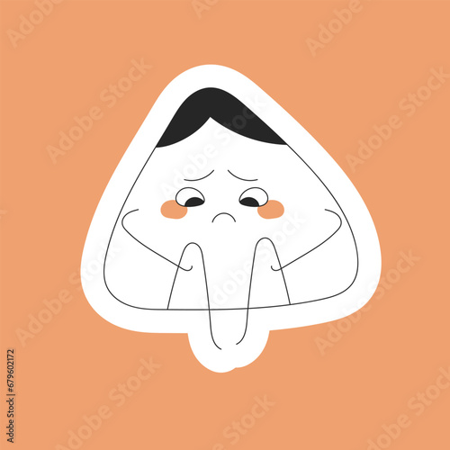 Sticker of a cute sad upset onigiri who hugs his knees with his hands on a beige background