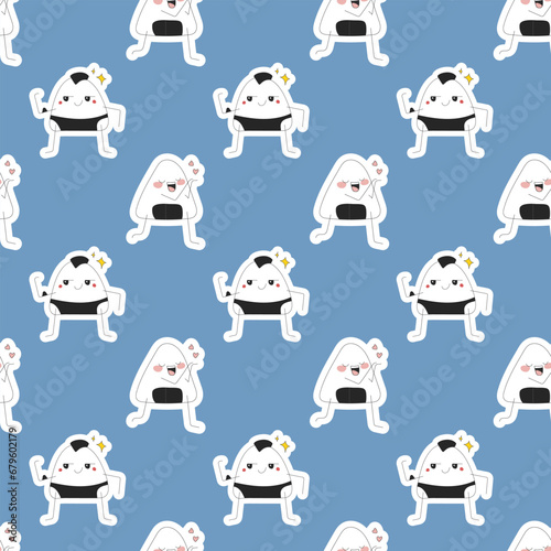 Seamless pattern of emotional onigiri on a blue background
