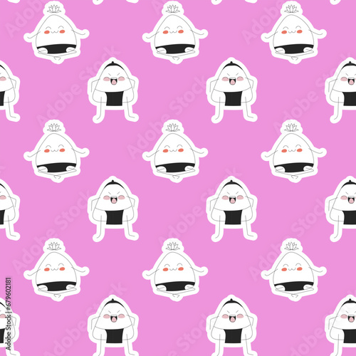 Seamless pattern of cute onigiri on a bright pink background