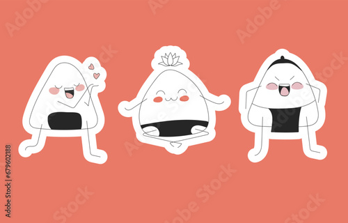 Three stickers of a lover, a meditator and an angry onigiri on a pink background