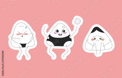 Three stickers Confused, playing and sad onigiri on a pink background