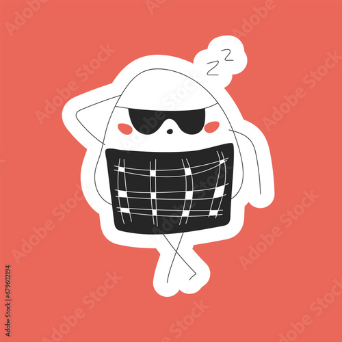 Sticker of a cute onigiri sleeping wearing an eye mask and under a nori blanket on a pink background