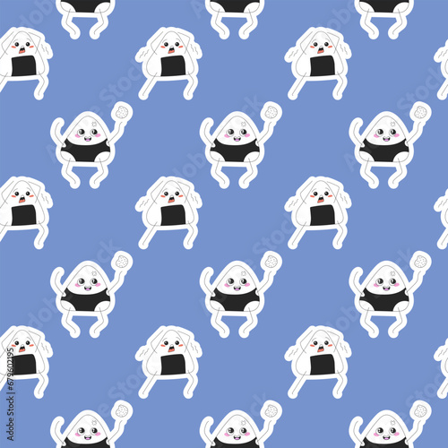 Seamless pattern of cute emotional onigiri on a bright soft blue background