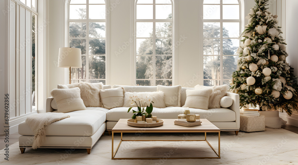 White interior with white christmas tree and white sofa in white wall background