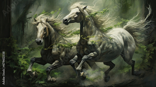 Horses with tails that become roots, intertwining with the ancient spirit of the forest AI generative