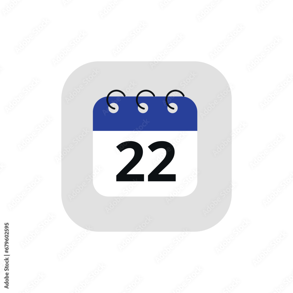 Simple calendar icon with specific day marked. Vector illustration of calendar icon with day 22 marked. Simple calendar icon with specific day marked. Vector illustration of calendar icon with day 22 marked.