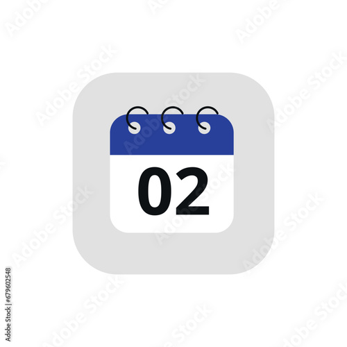 Simple calendar icon with specific day marked. Vector illustration of calendar icon with day 02 marked.