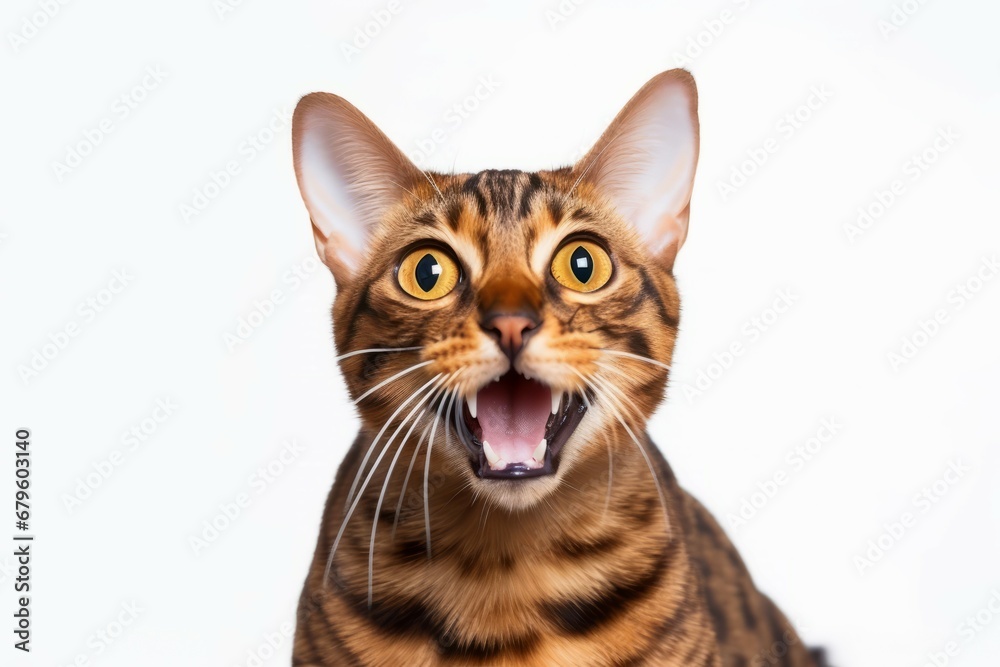 Bengal cat portrait with open mouth and tongue out looking at camera