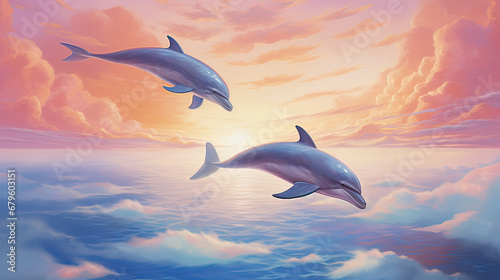 Playful dolphins leaping across a stunning pastel cloudscape as seen from above AI generative © SK