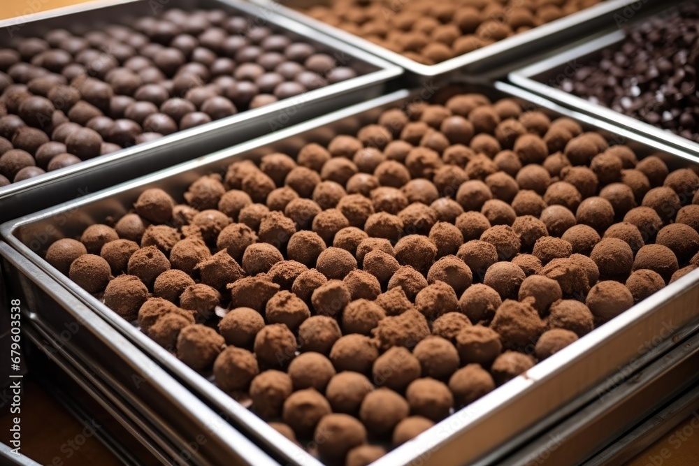 stacked steel trays filled with chocolate truffle bases stacked steel trays filled with chocolate truffle bases