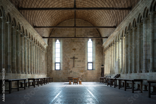 Architecture of the interior of the abbey of Mont Saint Michel in France