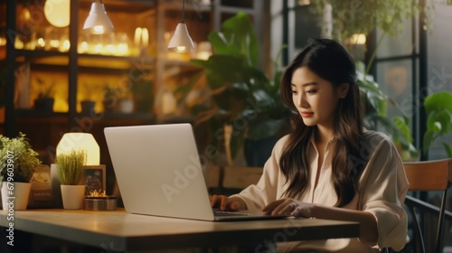 Digital nomad millennial woman work from cafe working anywhere. Asian female freelancer hand type laptop remotely. Korean student girl study with computer. Young adult person freelance job Asia career