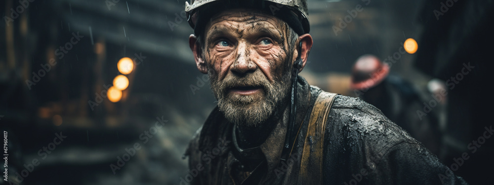 portrait of a dirty miner in a helmet on a dark background.Generative AI - obrazy, fototapety, plakaty 