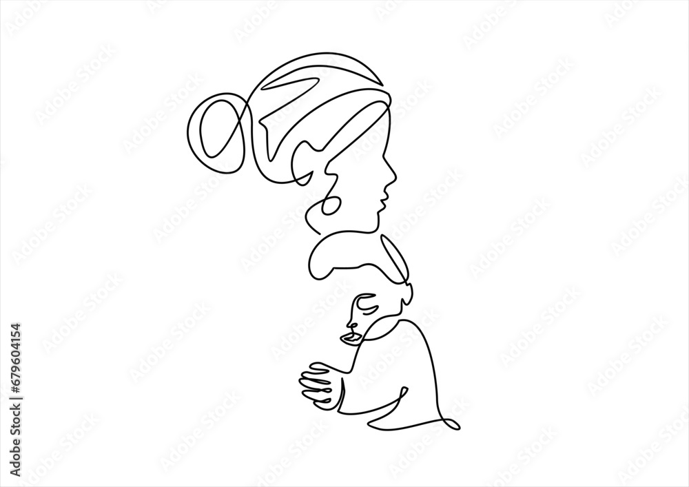 Happy Mother day card. Continuous one line drawing. Woman hold her baby. Vector illustration