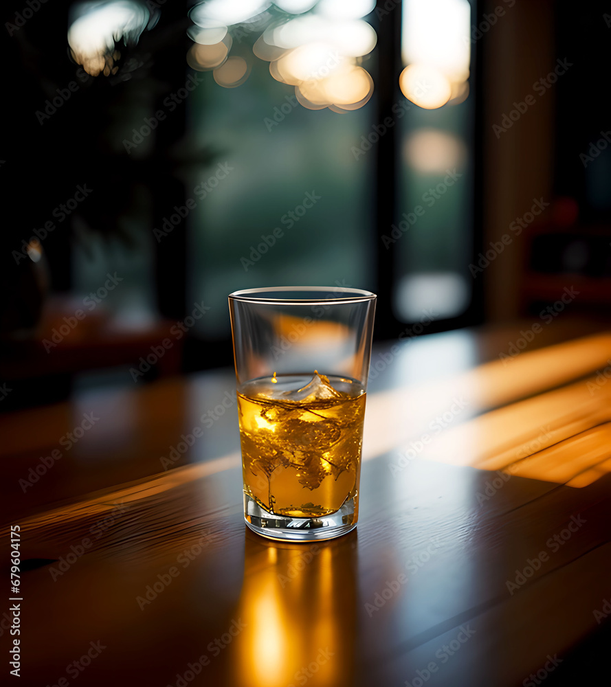 Glass of whiskey with ice on the table, windows at background, vector illustration Glass of whiskey with ice on the table, windows at background, vector illustration