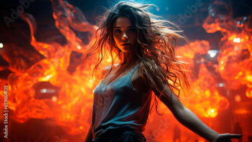 beautiful young girl with long hair posing in a studio in a fire