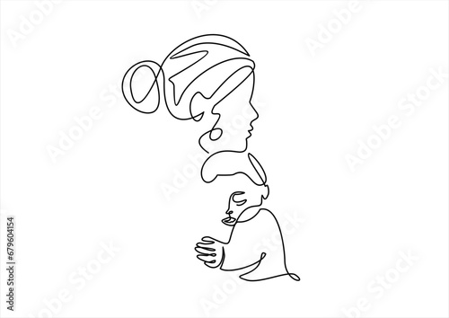 Happy Mother day card. Continuous one line drawing. Woman hold her baby. Vector illustration
