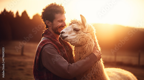 Tableau sur toile Alpaca farm. Farmer hugs alpaca.