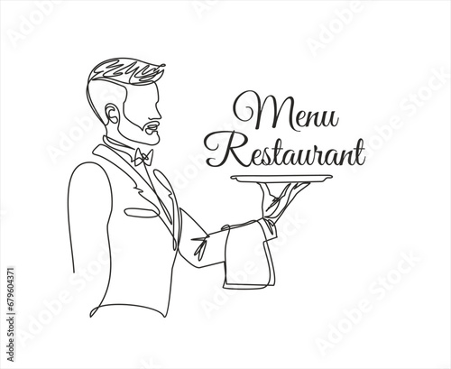 Continuous one line drawing of Waiter holding food tray with Restaurant menu. One line drawing. Restaurant menu concept. Menu food design. Vector	