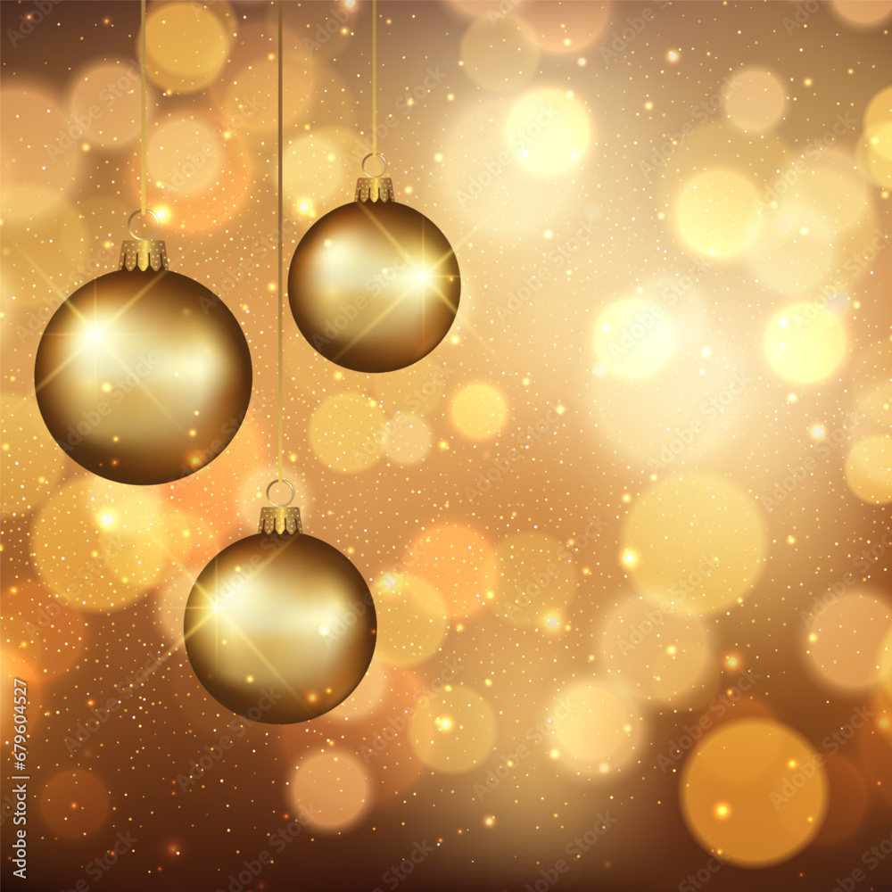 Christmas background with hanging gold baubles on a bokeh lights design Christmas background with hanging gold baubles on a bokeh lights design