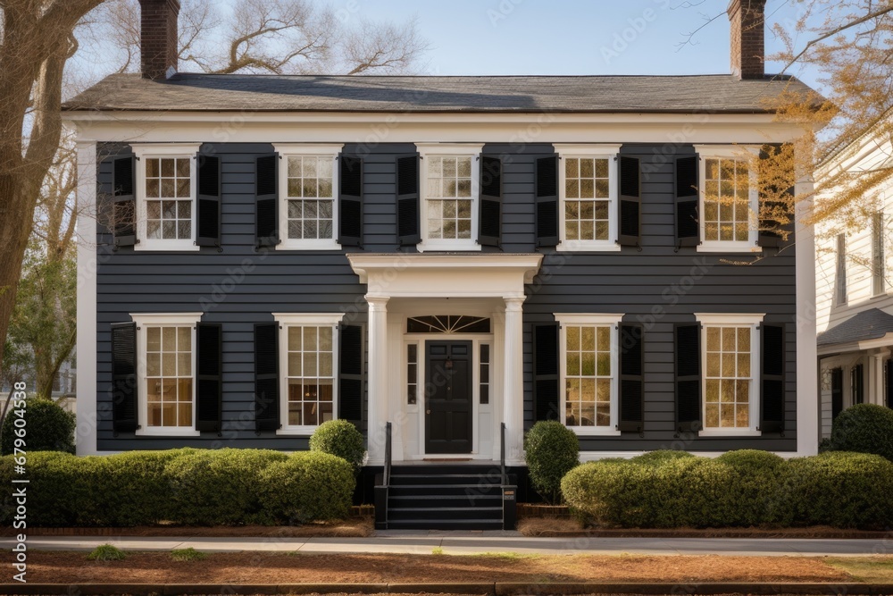 federal greek revival house with black shutters