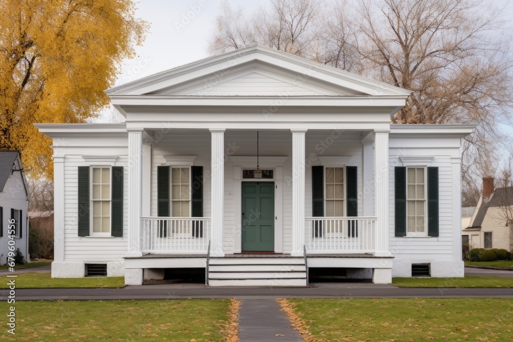 greek revival structure with fluted pilasters and simple pediment - obrazy, fototapety, plakaty 