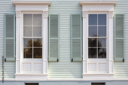 close-up of twin windows on a greek revival facade © altitudevisual