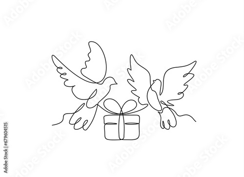 Hand drawn one line vector. Flying pigeons and  gift vector one continuous  line art. Illustration with quote template. Can used for logo, banner, booklet, flyer, brochure
