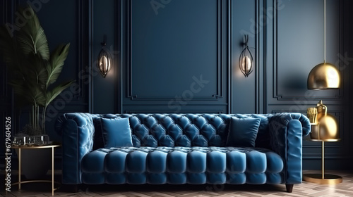 Minimal living room with blue sofa and carpet, interior design ideas. Generative Ai