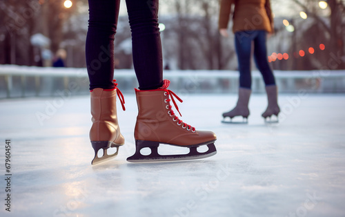People with skates on ice, close-up on legs