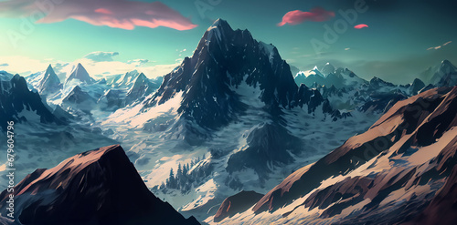 Alps concept art. Slopes covered with snow. Cinematic light and atmosphere. Illustration suitable for wallpaper, presentations, printing. © Ricardo Santos