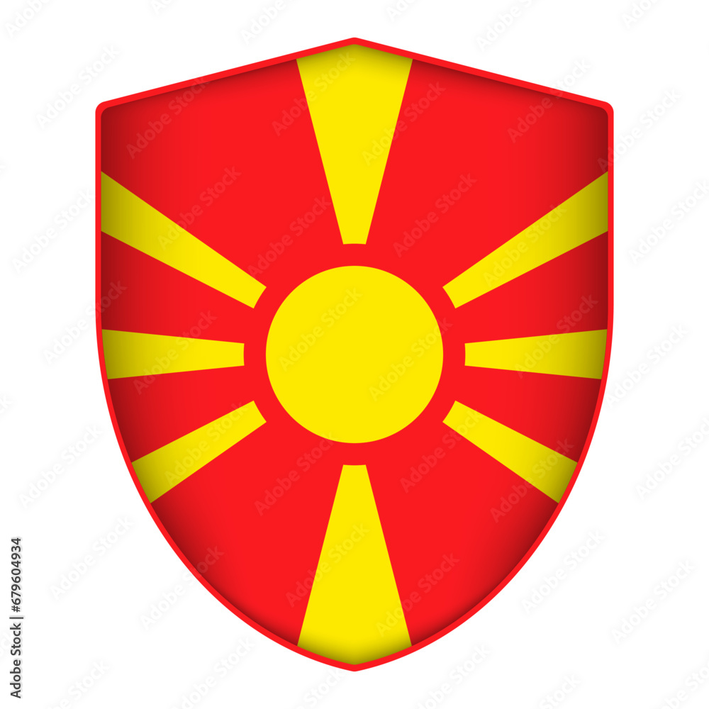 North Macedonia flag in shield shape. Vector illustration.