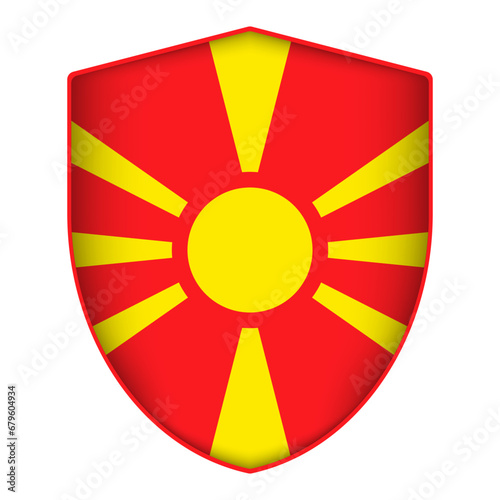 North Macedonia flag in shield shape. Vector illustration.