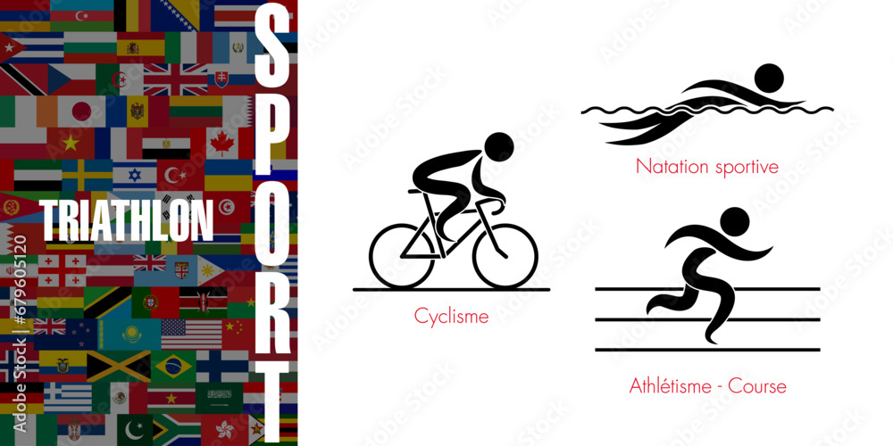 Ensemble de pictogrammes représentant les 3 disciplines sportives à enchaîner par les athlètes : cyclisme, natation, course à pieds - Texte sur un fond de drapeaux mondiaux, Traduction : sport, triath