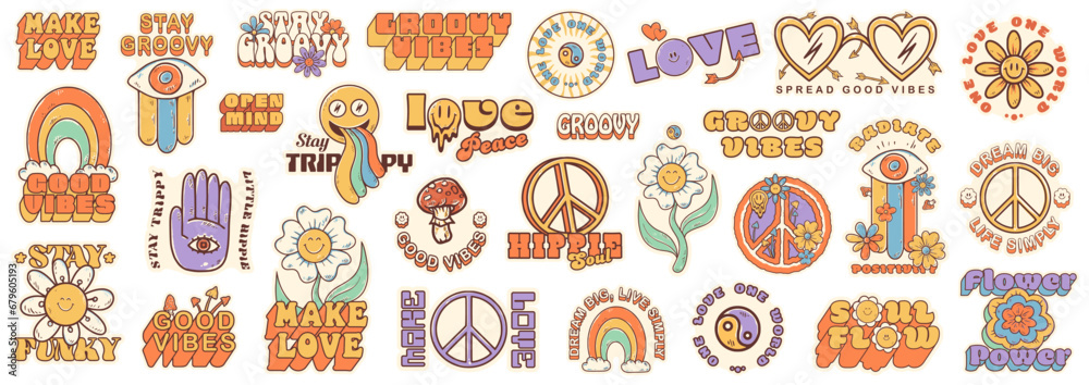 Groovy hippie 70s set. Funny cartoon flower, rainbow, peace, Love, heart, daisy, mushroom. Sticker pack in retro psychedelic cartoon style. Collection of elements for design in funky 60s, 80s style