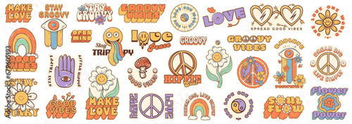 Groovy hippie 70s set. Funny cartoon flower  rainbow  peace  Love  heart  daisy  mushroom. Sticker pack in retro psychedelic cartoon style. Collection of elements for design in funky 60s  80s style