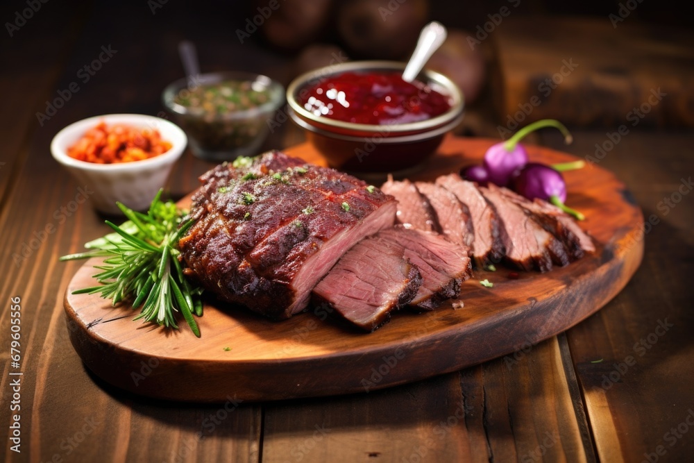 brisket on rustic wooden table with dipping sauce