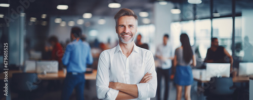 Wide web banner portrait of good looking leader posing in busy modern office with plenty of copy space, successful mature boss , confident senior businessman smiling photo
